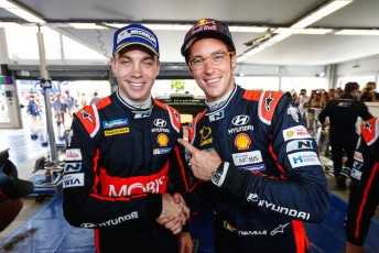 Hayden Paddon will receive an engine upgrade from Rally Germany to be on par with Hyundai team leader Thierry Neuville (right)