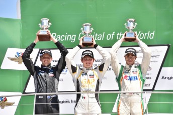 Jake Parsons (left) celebrates his maiden Pro Mazda podium