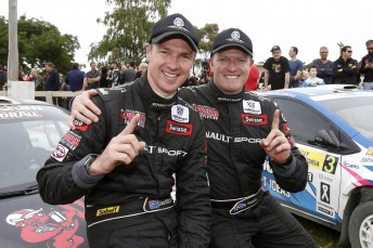 Pedder (right) celebrates with co-drive Dale Moscatt
