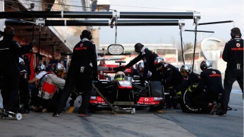 Sergio Perez and the McLaren team during testing at Barcelona