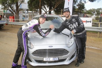 South Australian Daniel Pestka (left) and Jamie Veal shake hands before going after this Essendon Ford Fiesta at Avalon Raceway 