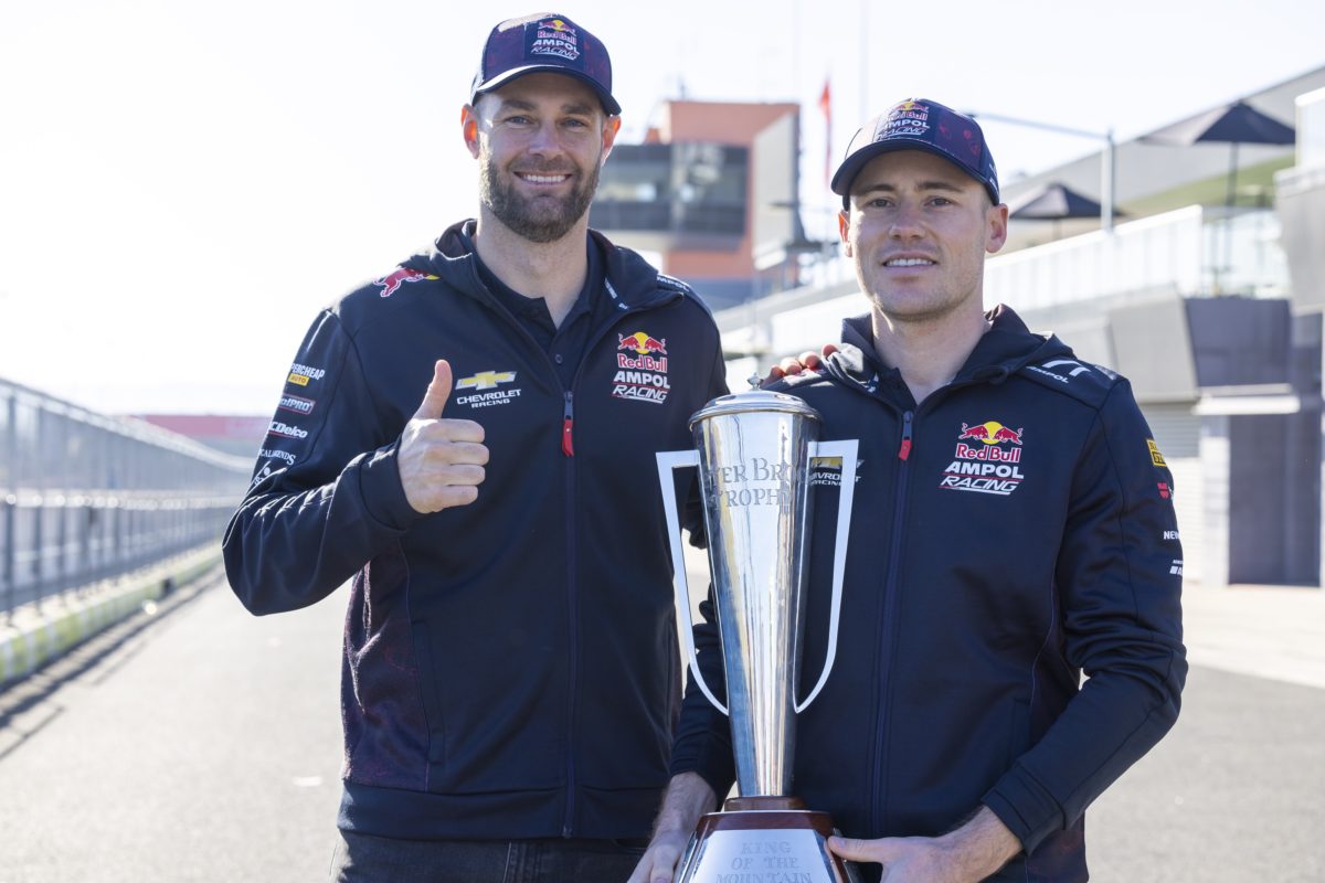Shane van Gisbergen (left) and Richie Stanaway (right) with the Peter Brock Trophy after winning the 2023 Bathurst 1000. Image: Supplied
