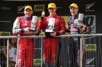 Jason Bright (left) and Scott McLaughlin (centre), seen here on the Race 6 podium with Craig Lowndes, both won races at the weekend