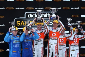 The podium for the Dick Smith Sandown 500 – Steve Richards, Mark Winterbottom, Craig Lowndes, Warren Luff, Jamie Whincup and Paul Dumbrell