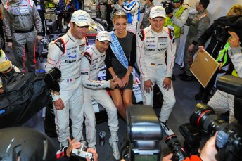 Romain Dumas, Neel Jani and Marc Lieb celebrate their pole position in the Porsche garage. pic: PSP Images