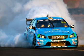 Scott McLaughlin celebrates a race victory for Volvo in the V8 Supercars Championship