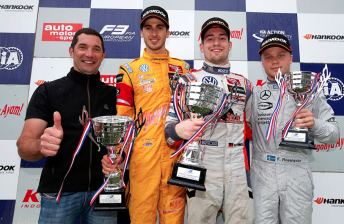 Markus Pommer (centre) enjoys FIA European F3 victory with Antonio Giovinazzi (left) and Felix Rosenqvist (right)  