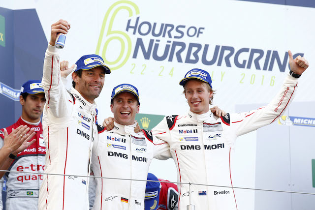 The Mark Webber, Brendon Hartley and Timo Bernhard Porsche has ended a 2016 drought at the Nurburgring 