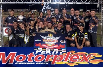 David Priolo celebrates with his team after his first ever WSS win in Perth 