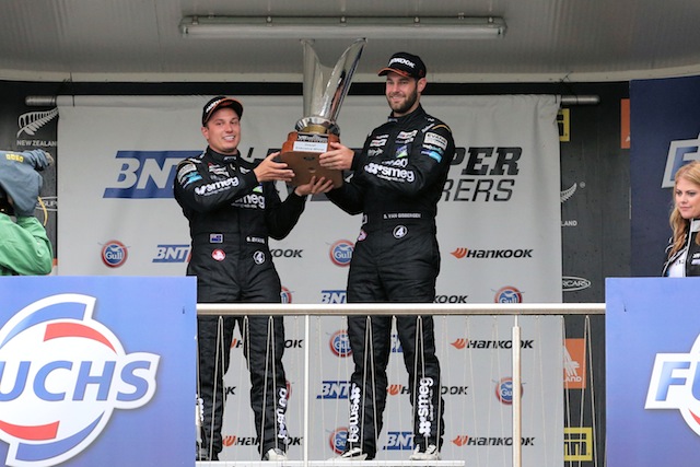 Simon Evans and Shane Van Gisbergen claim the endurance series trophy following their Pukekohe clean sweep. pics: Neville Bailey