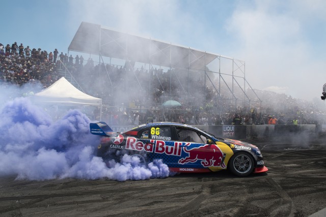 Jamie Whincup delighted a bumper crowd with a spectacular burnout display