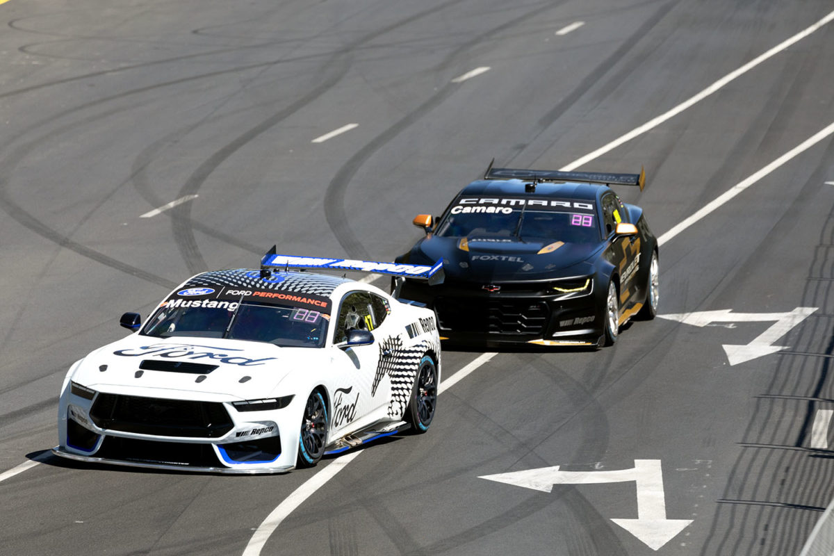 The Gen3 Ford Mustang (front) and Chevrolet Camaro (back) Supercar prototypes in Adelaide