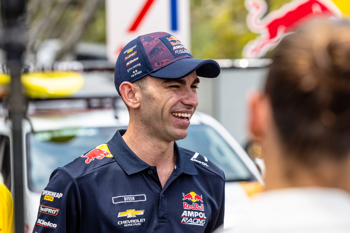 Triple Eight driver Broc Feeney at a media call in pit lane ahead of the Gold Coast 500