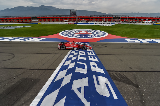 Graham Rahal takes the chequered flag at Fontana after a controversial race in June