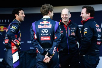 Adrian Newey (2nd from right) shares a laugh with Daniel Ricciardo (L), Sebastian Vettel and Christian Horner