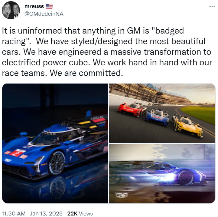 The tweet from Mark Reuss which appears to be a response to criticism of the Andretti Cadillac F1 project