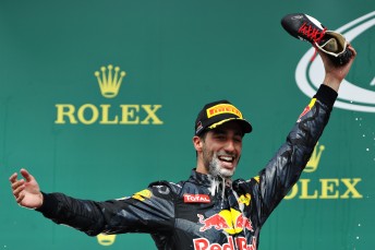 Daniel Ricciardo celebrates a second place finish at the German Grand Prix