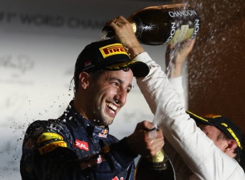 Daniel Ricciardo celebrates a second place finish in Singapore