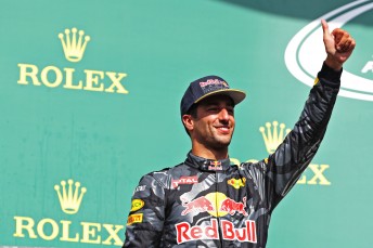 Daniel Ricciardo celebrates a second place finish in Belgium