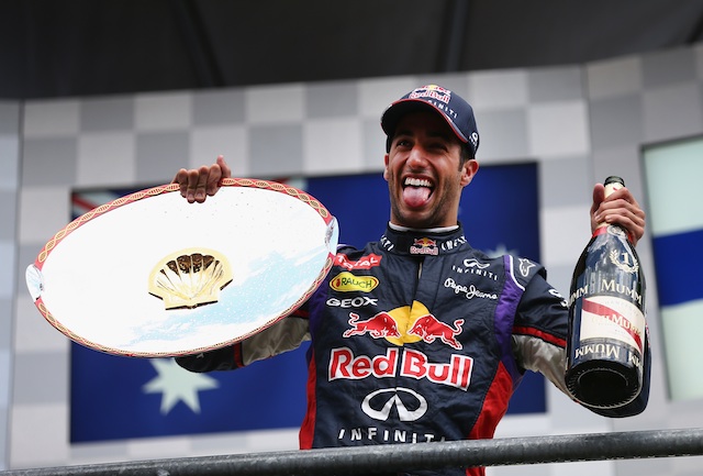 Daniel Ricciardo celebrates his third win of the season at the Belgian Grand Prix 
