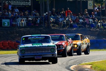 Jim Richards leads the Touring Car Masters pack at Hidden Valley recently