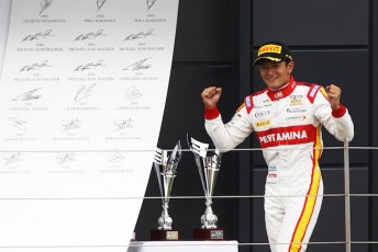 Rio Haryanto celebrates after winning the GP2 sprint race