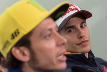 Valentino Rossi and Marc Marquez at the pre event Qatar Grand Prix press conference 