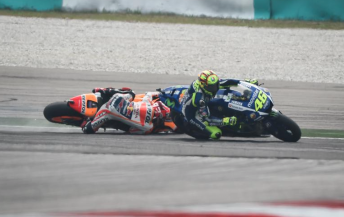 Valentino Rossi and Marc Marquez collide during the Malaysian Grand Prix