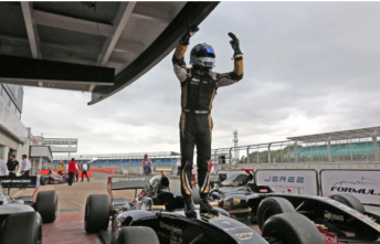 Roy Nissany celebrates victory in Race 2 at Silverstone