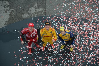 Scott Dixon, Ryan Hunter-Reay and Marco Andretti celebrate on the Barber podium