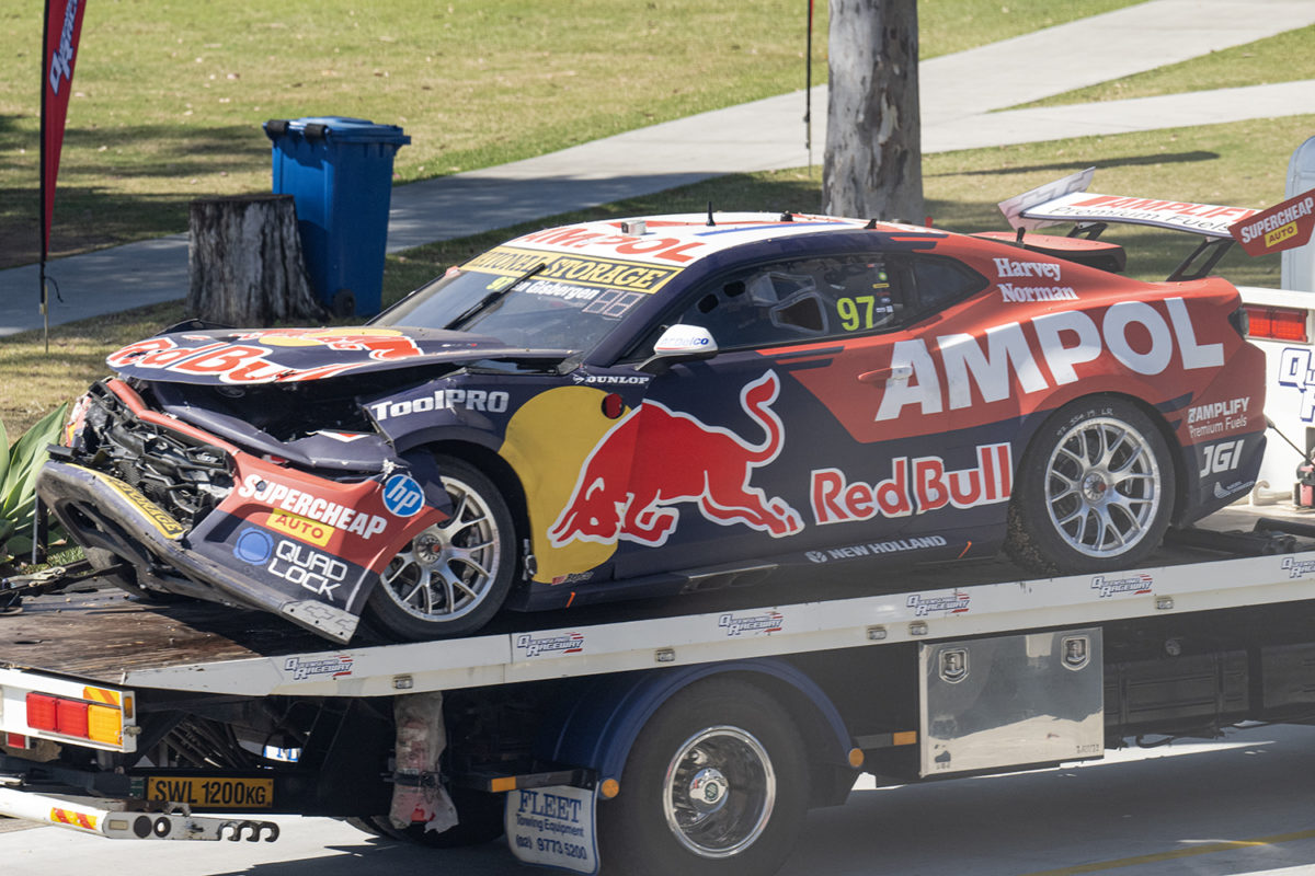 The aftermath of the Shane van Gisbergen crash at the Queensland Raceway Supercars test day. Image: Richard Gresham