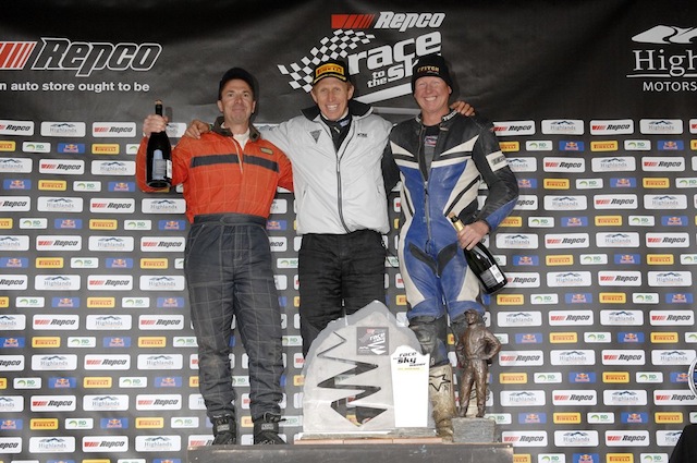 Race to the Sky podium from left, Brett Hayward, Alister McRae and super quad racer Ian Ffitch 