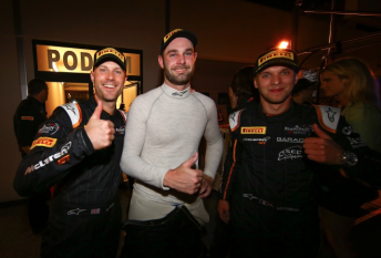Shane Van Gisbergen celebrates victory with his team-mates Rob Bell and Come Ledogar 