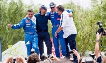 2010 Dakar Rally winners Carlos Sainz and Lucas Cruz Senra celebrate with VW management