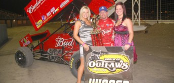 Joey Saldana in victory lane during the opening night of the Magic City Showdown. Pic: Betty Nordstrom/worldofoutlaws.com