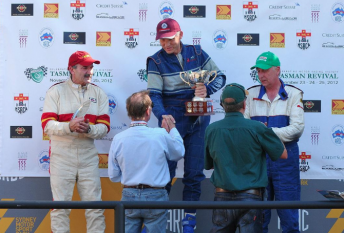 Robson (centre), Zazryn and Lambden on the podium at Sydney Motorsport Park