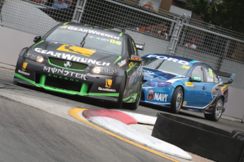 Scott Pye leads home Chaz Mostert in the final Dunlop Series race of 2012
