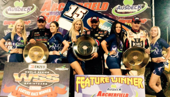 Donny Schatz (centre) celebrates World Series Sprintcar win at Archerfield Speedway 