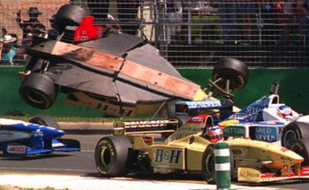 Martin Brundle was lucky to escape this shunt at the 1996 Australian Grand Prix 