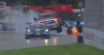  James Davison has escaped injury after colliding with the Safety Truck after the finish of the United Sportscar Series race on a wet track in Detroit