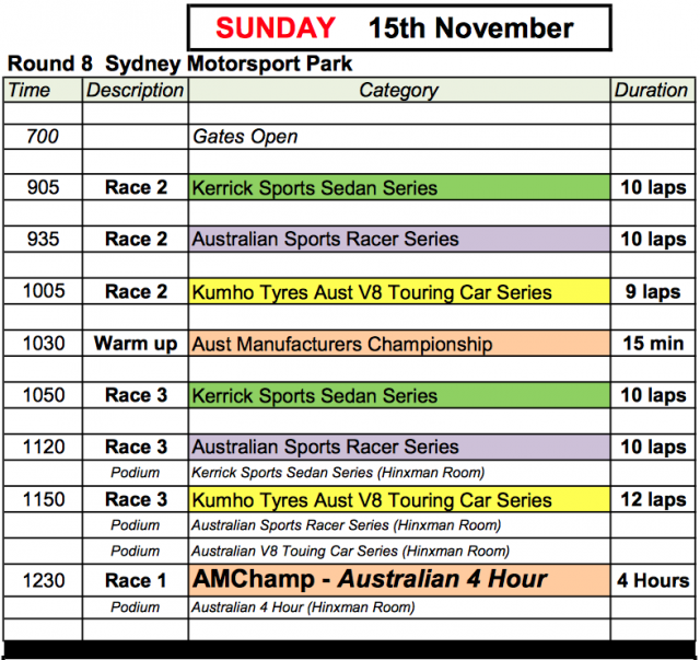 Shannons Nationaks Sunday November 15 Timetable (Local Time)
