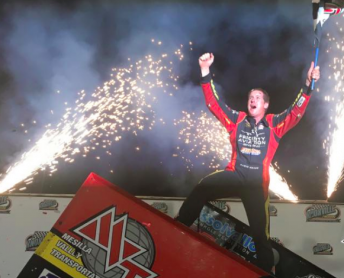 Jason Johnson celebrates in victory lane his first ever Knoxville Nationals win