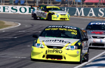 The two Simpro-backed Miles Racing Falcons (with Robert Cregan between them) at Barbagallo Raceway last weekend