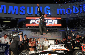 Will Power leaps with joy after taking his first oval win
