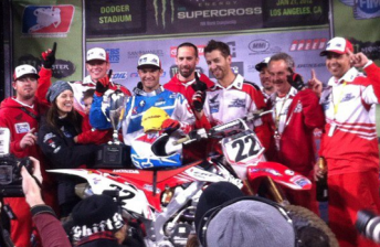 Chad Reed and his TwoTwo Motorsports team celebrate its win in Los Angeles