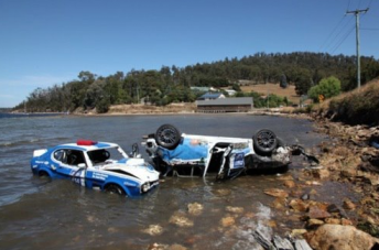 George Miedecke (Ford capri) and Rod (Subaru) crashed into the Huon River today