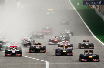 Sebastian Vettel leads the field at the start of the Bahrain GP