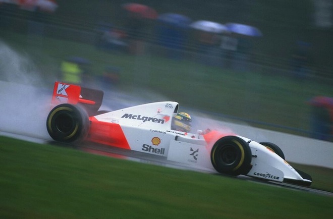 Senna on his way to victory in the 1993 European Grand Prix at Donington Park 
