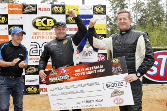 Simon Evans (left) and co-driver Ben Search celebrate Armor All Power Stage win 