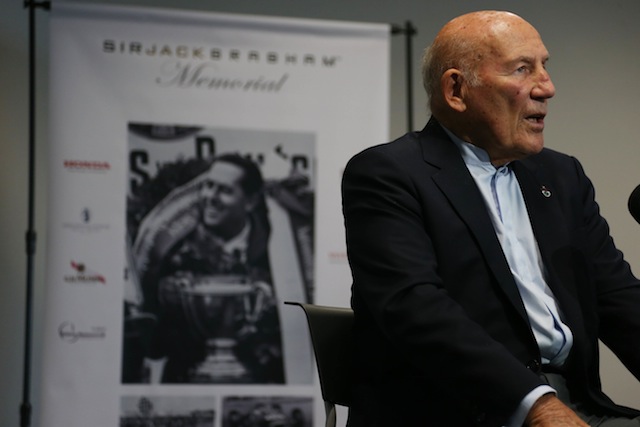 Sir Stirling Moss speaking at the Silverstone memorial service for Sir Jack Brabham
